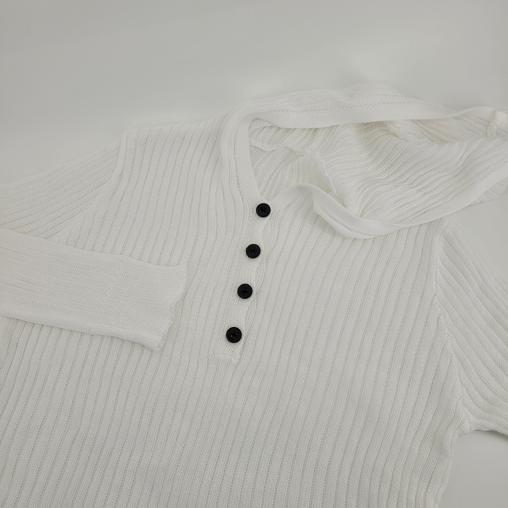 White Nautical Ribbed Knit Hoodie Long Sleeve Henly Button Front Sweater Women M